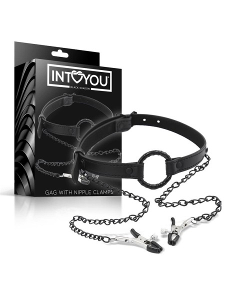 Mordaza de Aro y Pinzas para Pezones Cuero Vegano Mordaza de Aro y Pinzas para Pezones Cuero Vegano