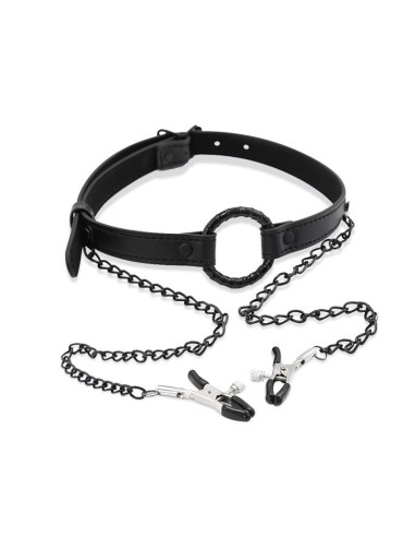 Mordaza de Aro y Pinzas para Pezones Cuero Vegano