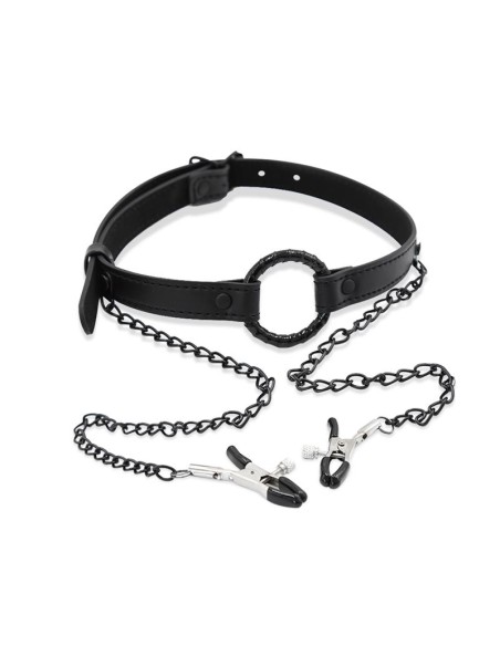 Mordaza de Aro y Pinzas para Pezones Cuero Vegano Mordaza de Aro y Pinzas para Pezones Cuero Vegano