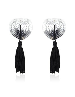 Pezoneras Autoadhesivas Forma de Corazon con Lentejuelas Negro Plata