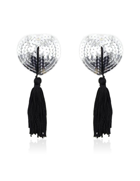 Pezoneras Autoadhesivas Forma de Corazon con Lentejuelas Negro Plata