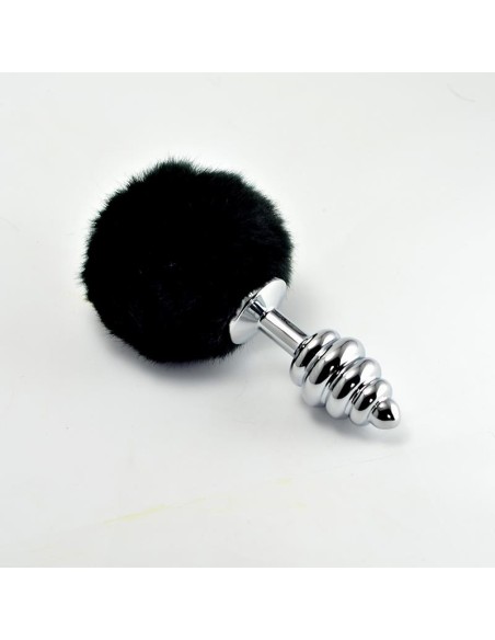 Plug Anal de Metal en Espiral con Pompon Negro