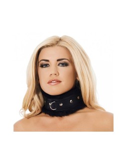 Collar Ancho Cuero y Pelo Artificial Negro