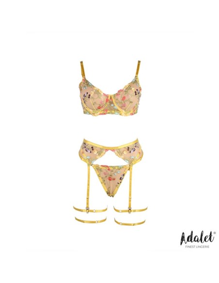 Zoey Set Sujetador Tanga Liguero y Ligas Amarillo Floral