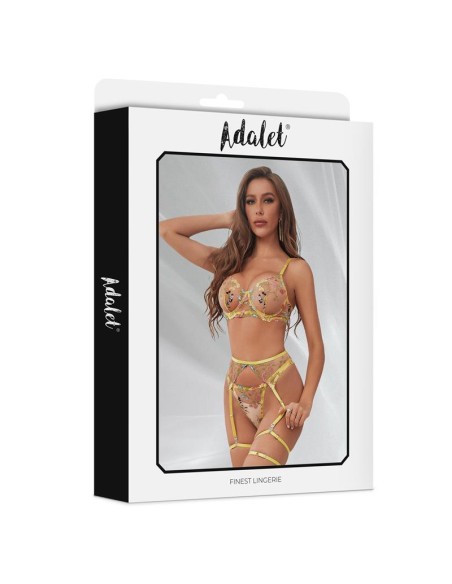 Zoey Set Sujetador Tanga Liguero y Ligas Amarillo Floral